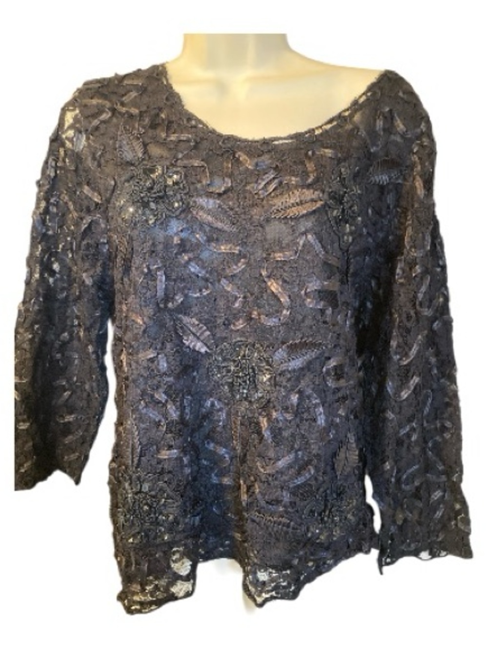 Women's Black Beaded Lace Blouse with Scoop Neck